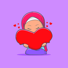 Cute Islamic girl self care illustration holding big heart pillow