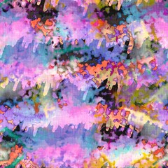 Messy summer tie dye batik beach wear pattern. Seamless colourful stain space dyed effect fashion. Washed out soft furnishing background. 