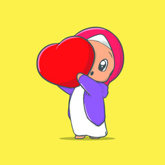 cute illustration of a Muslim girl hiding behind a heart pillow