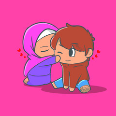 cute illustration of Muslim couple kissing their husband