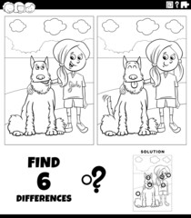 differences game with girl and her dog coloring book page
