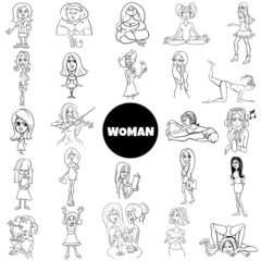 black and white cartoon women characters big set