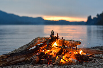 Bonfire by a lake South Island New Zealand