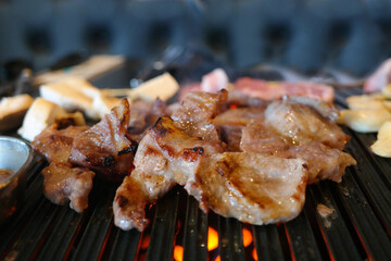 Pork is being grilled on a grill.