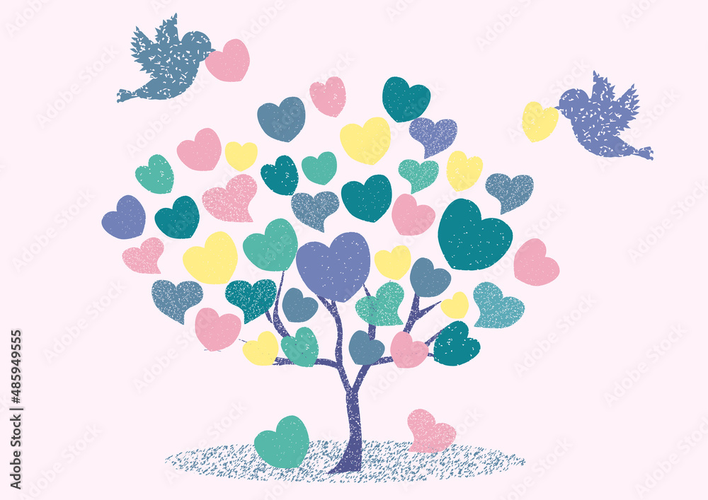 Wall mural A tree made of hearts brought by a bird. Processed to look frayed. For wedding, welfare, etc. Vector illustration	