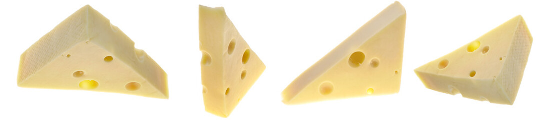 Cheese piece isolated on a white background. Milk products. Cheese triangle with holes on a white background.