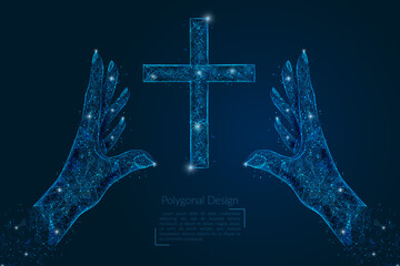 Abstract isolated image of human hand holding christian cross. Polygonal low poly style illustration looks like stars in the blask night sky in spase or flying glass shards. © Katsiaryna