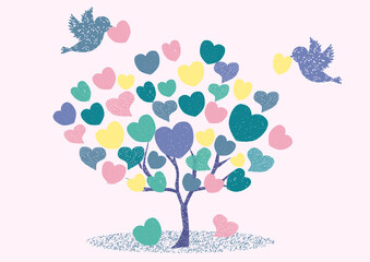 A tree made of hearts brought by a bird. Processed to look frayed. For wedding, welfare, etc. Vector illustration	