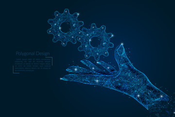Abstract isolated image of human hand with cogwheels. Polygonal low poly style illustration looks like stars in the blask night sky in spase or flying glass shards. © Katsiaryna