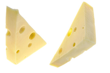 Cheese piece isolated on a white background. Milk products. Cheese triangle with holes 