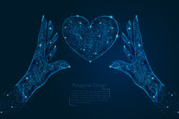 Abstract isolated image of human hand holding heart. Polygonal low poly style illustration looks like stars in the blask night sky in spase or flying glass shards. © Katsiaryna