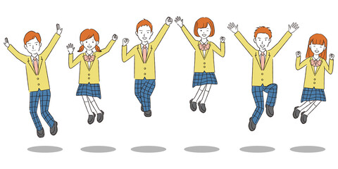 Obraz premium 手書き線画カラーイラスト 学生男女みんなでジャンプ