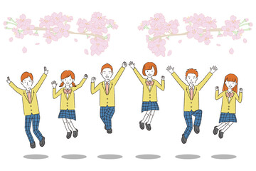 Obraz premium 手書き線画カラーイラスト 桜の下 学生男女みんなでジャンプ
