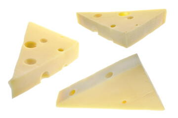 Cheese piece isolated on a white background. Milk products. Cheese triangle on a white background.