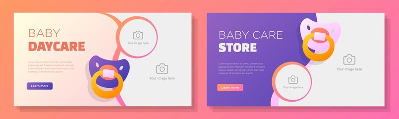 Baby daycare service online banner template set, baby attribute store corporate advertisement, horizontal ad, happy kids dummy campaign webpage, flyer, creative brochure, isolated on background - obrazy, fototapety, plakaty