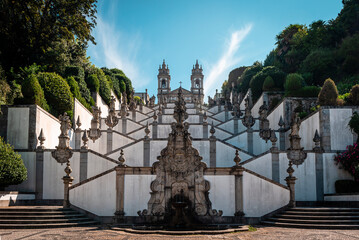 Sanctuary of the Good Jesus in Braga with the church in the background and the staircase in the foreground.