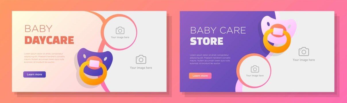 Baby daycare service online banner template set, baby attribute store corporate advertisement, horizontal ad, happy kids dummy campaign webpage, flyer, creative brochure, isolated on background