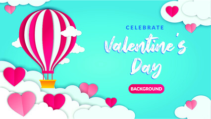 Valentine's day background with, hot air balloon floatin, paper hearts and clouds