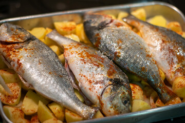 Food, grilled fish, cultural food. cooking fish meals. Food and culture. 