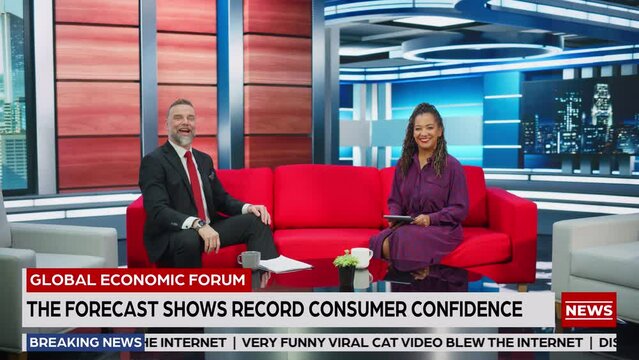 Talk Show TV Program Ending, News Interview, Discussion: Presenter and Guest Talk. Cable Channel Hosts Saying Good Buy. Playback Mock-up Television Studio, Newsroom Entertainment. Zoom out Fade Out
