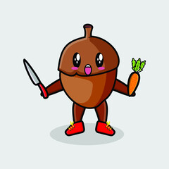 Cute cartoon mascot character acorn holding knife and carrot in modern style design for t-shirt, sticker, logo element