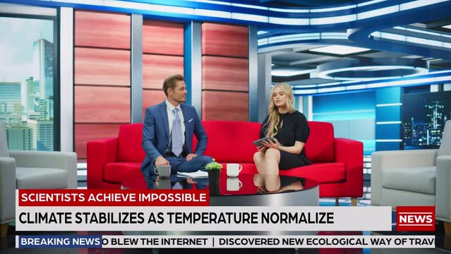 Talk Show TV Program and News Discussion: Two Charismatic Presenters Talk, Have Fun. Cable Channel Hosts Have Friendly Conversation. Playback Mock-up Television Studio and Newsroom Entertainment