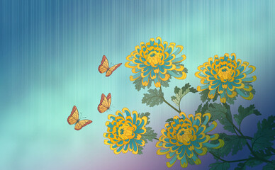 Fototapeta na wymiar chrysanthemum yellow oriental style illustration wallpapers rainy sky butterfly 국화 사군자 배경화면