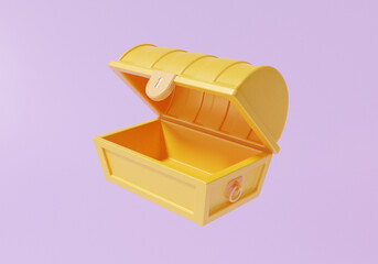 Game treasure box coffer concept. Chest gold open icon on purple background. Cartoon minimal cute smooth. 3d render illustration - obrazy, fototapety, plakaty