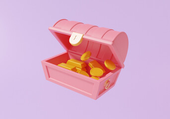 Chest pink open icon with goldbar and coins Game treasure box coffer concept. on purple background. treasure, Cartoon minimal cute smooth. 3d render illustration