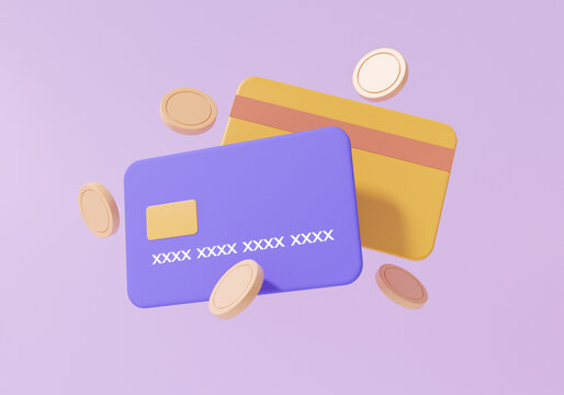 3D online payments credit or debit card concept. money transfer. Financial transactions. coins floating on purple background minimal style, 3d render. illustration