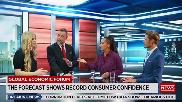 Talk Show TV Program: Four Diverse Specialists, Experts, Guests, Presenter, Host Discuss and Argue about Politics, Economy, Science, News. Mock-up Playback Television Cable Channel Studio Debate