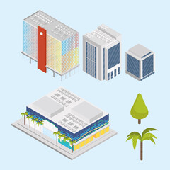 six isometric buildings icons