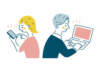 スマートフォンとパソコンを操作する女性と男性の淡色ベクターイラスト