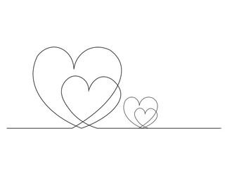 Continuous line drawing two hearts black and white vector simple illustration of love concept