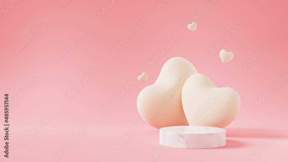 Poster valentine'day concept.marble cylinder podium and heart with paper texture on pink background.minimal