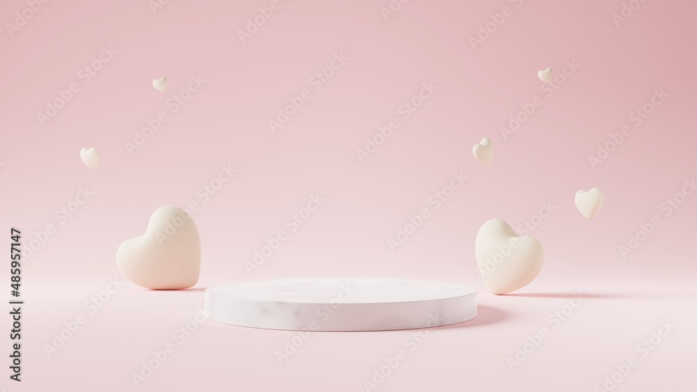 Poster valentine'day concept.marble cylinder podium and heart with paper texture on pink background.minimal
