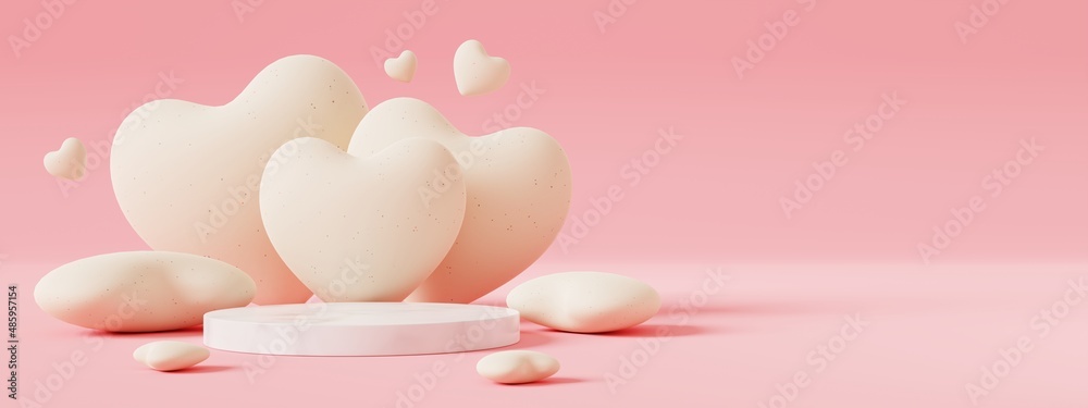 Poster valentine'day concept.marble cylinder podium and heart with paper texture on pink background.minimal