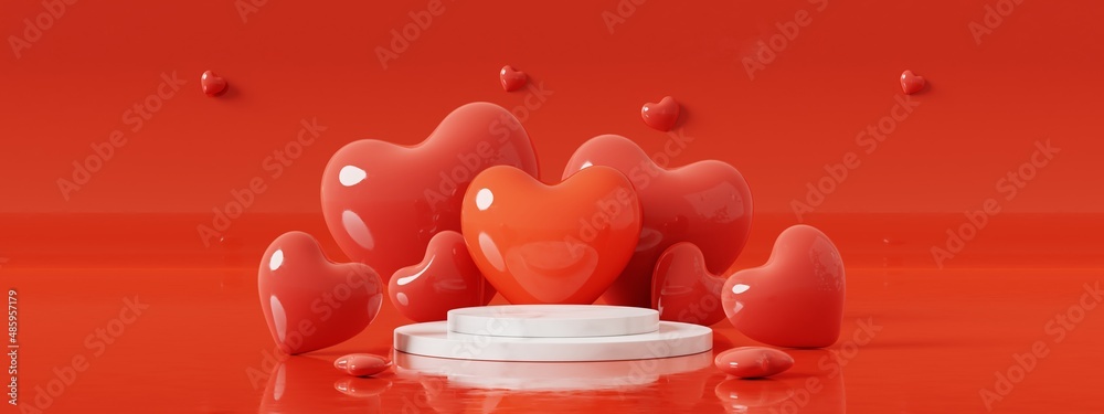 Poster valentine'day concept.marble cylinder podium and red glossy heart on red background.minimal concept 