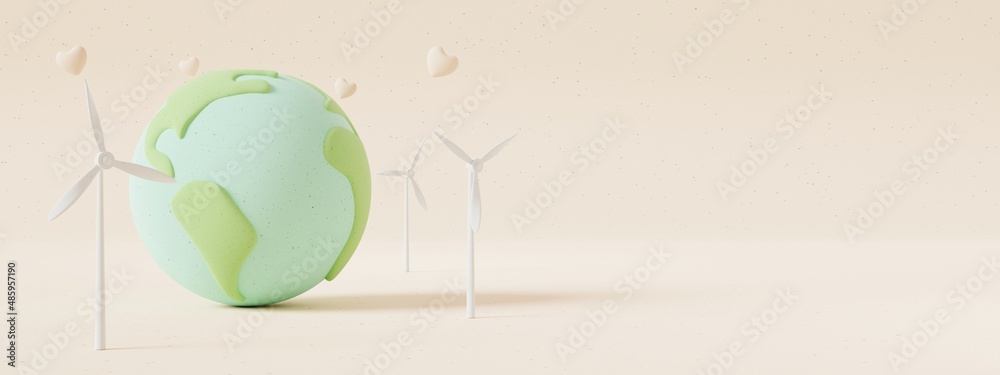 Poster happy earth day concept.earth, wind turbine and heart with paper texture on pastel color background.