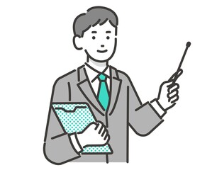 指示棒を持つスーツ姿のビジネスマンのベクターイラスト素材／ビジネス／ビジネスウーマン／質問／説明