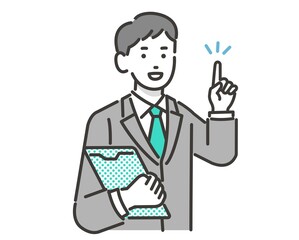 人差し指を立てて説明をするスーツ姿のビジネスマンのベクターイラスト素材／ビジネス／ビジネスマン／質問／説明