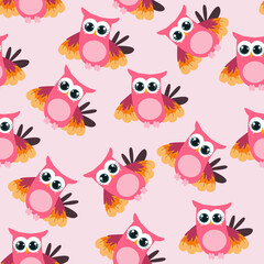 seamless pattern with colored owls in cartoon style