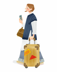 旅行をする人物　女性　手描きイラスト