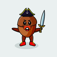 Cute cartoon mascot character acorn pirate with hat and holding sword in modern design for t shirt, sticker, logo element