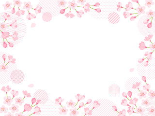 桜の花とドットとストライプ柄の円の飾りフレーム