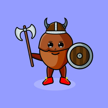 Cute cartoon character Acorn viking pirate with hat and holding ax and shield in modern design for t-shirt, sticker, logo element, poster