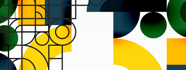 Circle and square geometric background. Round shapes with squares and triangles composition for wallpaper, banner, background or landing