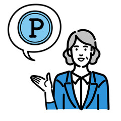 ポイントの説明をしているスーツを着たシニアの女性
