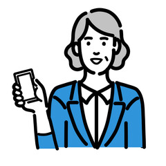 スマートフォンを持っているスーツを着たシニアの女性
