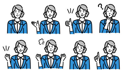 スーツを着たシニアの女性の仕草、ジェスチャーのセット
